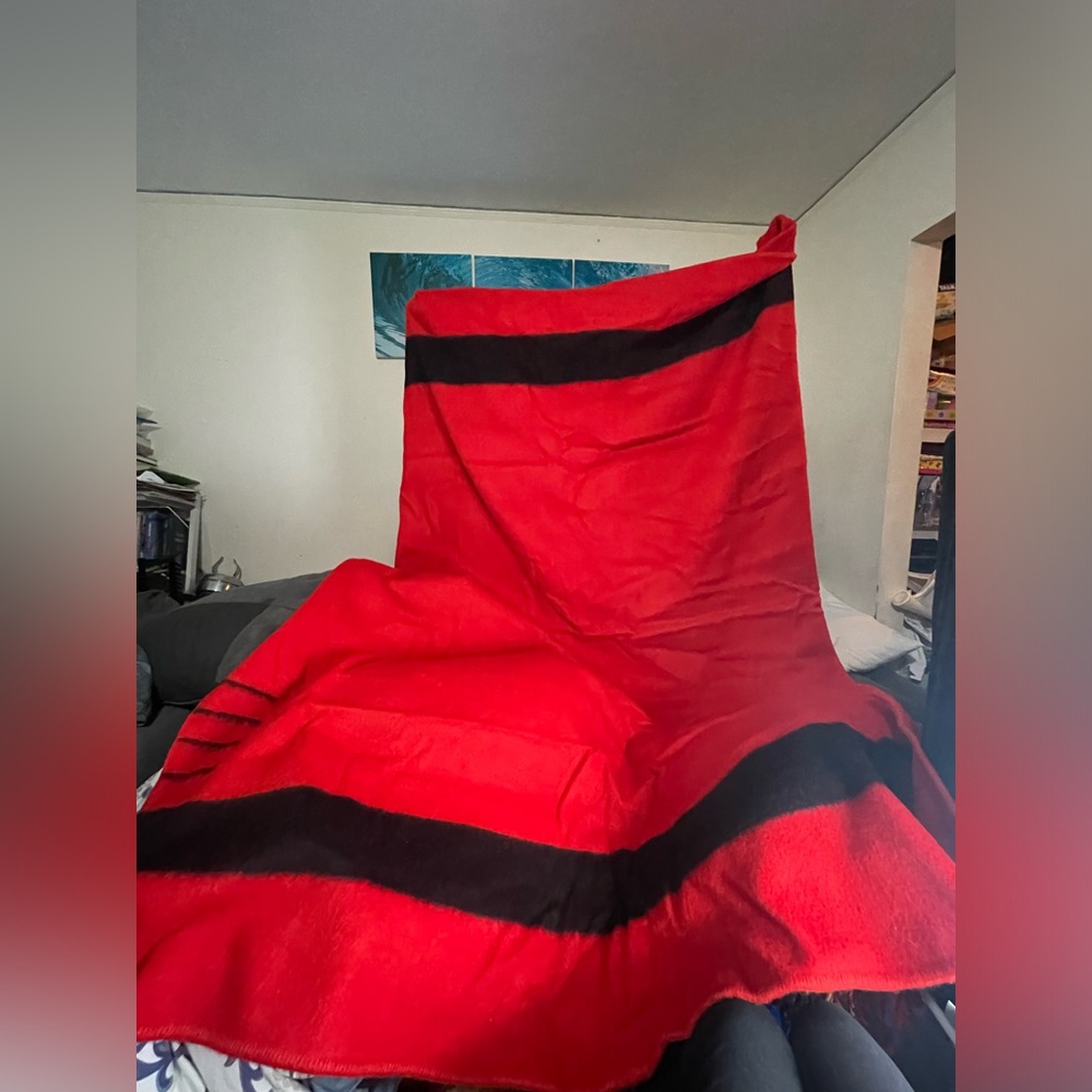 VTG 40s Trapper Point 100% Wool Camp Blanket Red Black Stripe England 91” X 74”